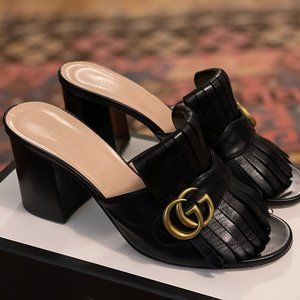 Gucci Black Leather GG Marmont Fringe Detail Open Toe Sandals Size 38.5